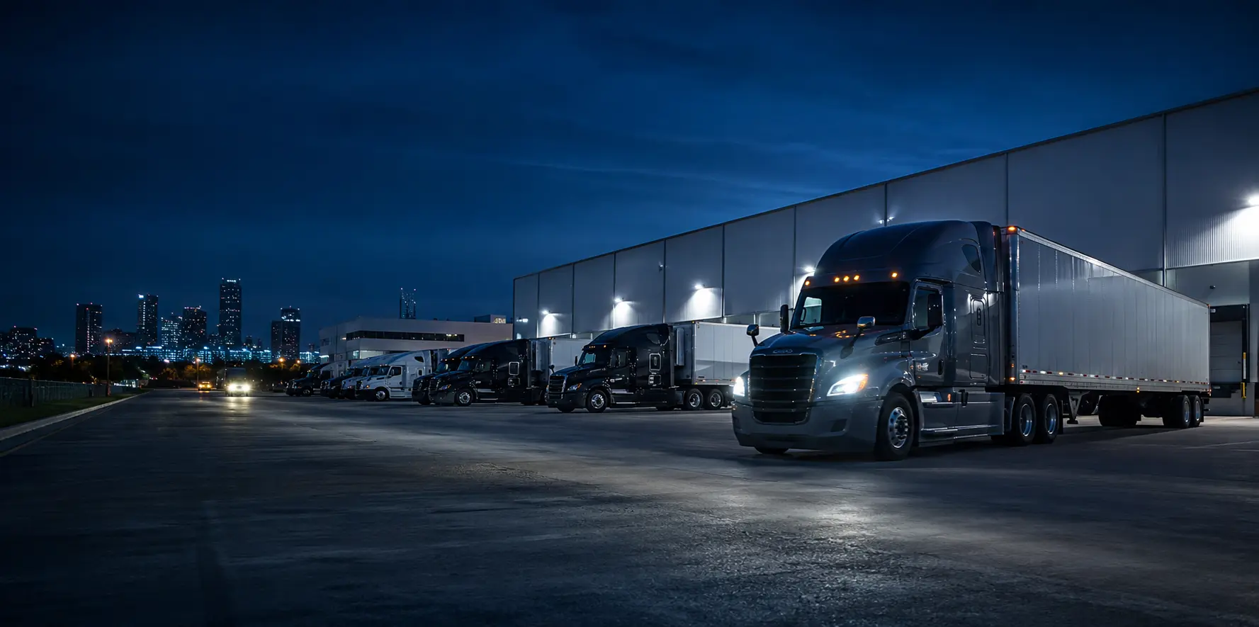 Modern long-haul trucks staged at a professional distribution center