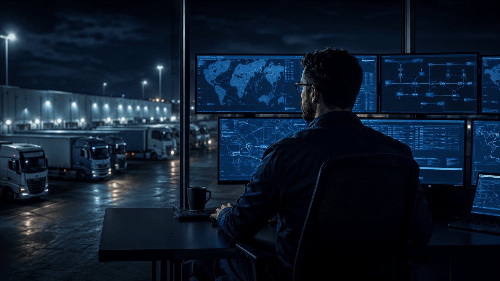 A freight security operations analyst monitoring protected logistics activity and a distribution fleet